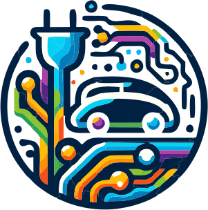 Icon with brilliant colors of an electric vehicle, circuitry, and a charging plug.
