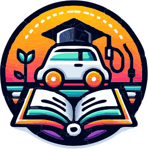 Colorful icon with an EV wearing a graduation cap and reading a book.