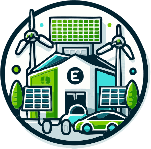 Colorful icon with a building, EVs charging, solar panels, and wind turbines.