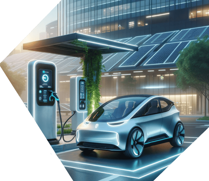 Photorealistic AI-generated image of a futuristic silver EV at a charging station in front of an office building with solar panels. 